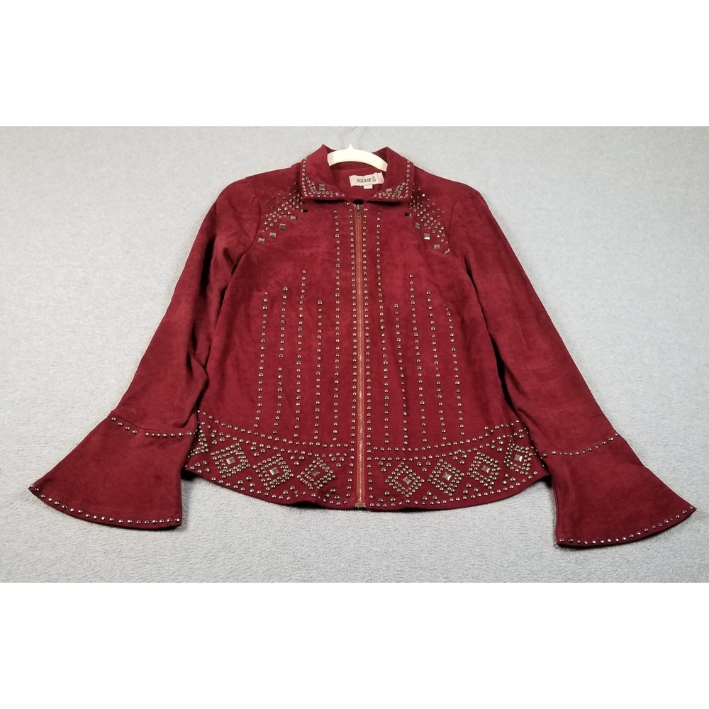 Rockin' C Jacket Women's Large L Red Studded Faux Suede Western Thunderbird Bell